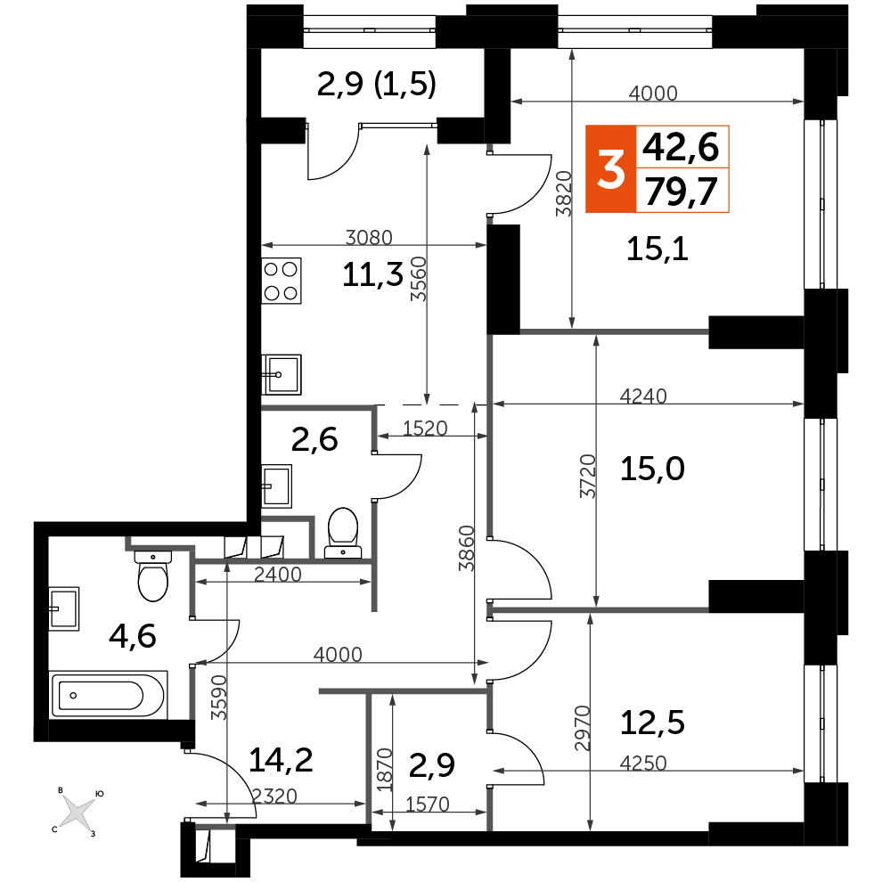 3 комн. квартира, 79.7 м², 3 этаж 