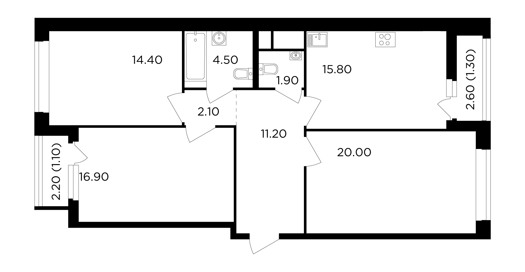3 комн. квартира, 89.2 м², 12 этаж 