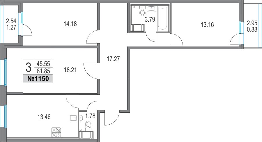 3 комн. квартира, 81.8 м², 24 этаж 