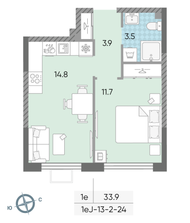 1 комн. квартира, 33.9 м², 24 этаж 