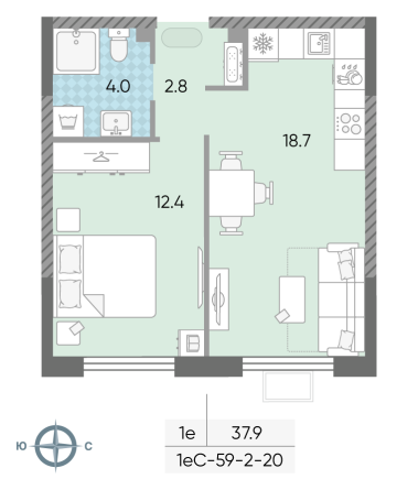 1 комн. квартира, 37.9 м², 18 этаж 
