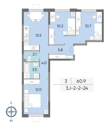 3 комн. квартира, 60.9 м², 14 этаж 