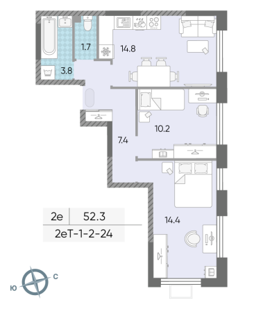 2 комн. квартира, 52.3 м², 17 этаж 
