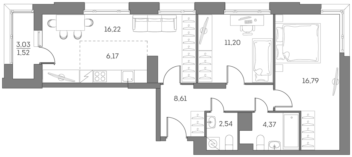 3 комн. квартира, 67.4 м², 3 этаж 