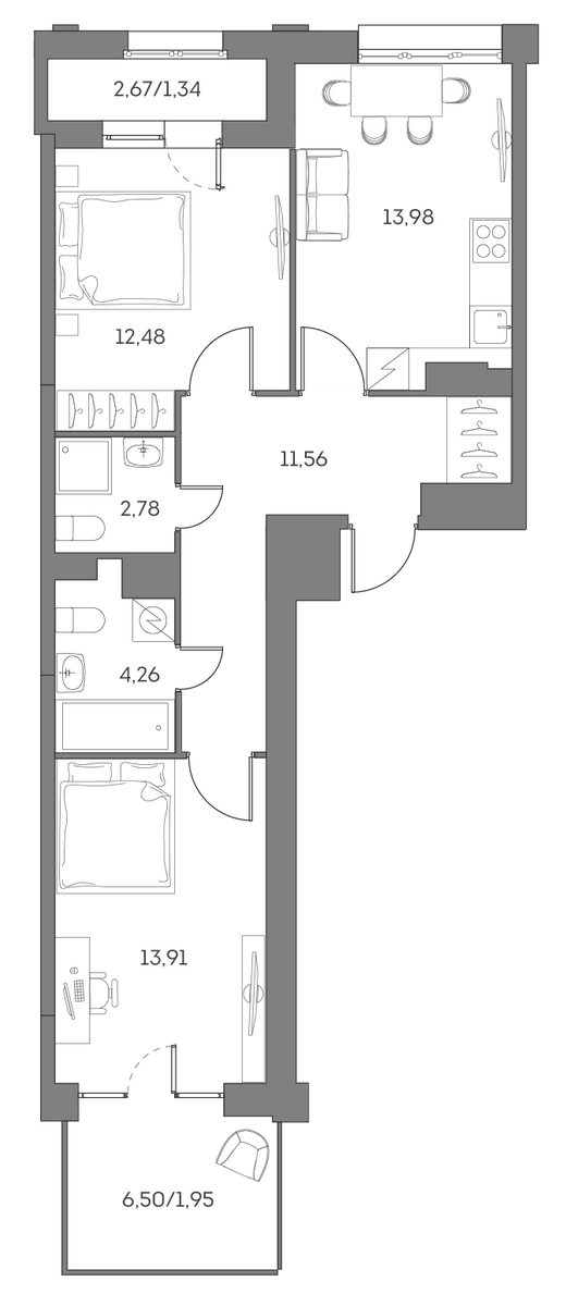 2 комн. квартира, 62.3 м², 2 этаж 