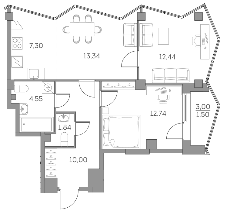 3 комн. квартира, 63.7 м², 20 этаж 