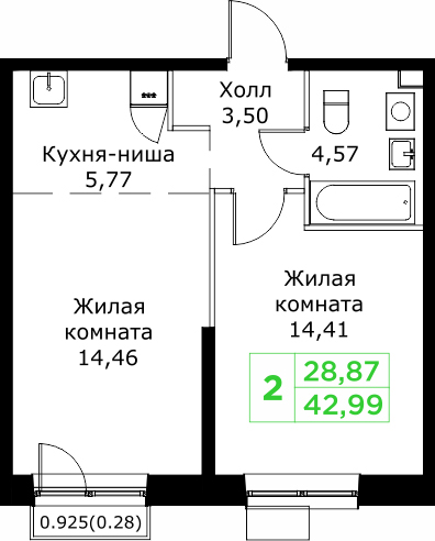 2 комн. квартира, 43 м², 19 этаж 