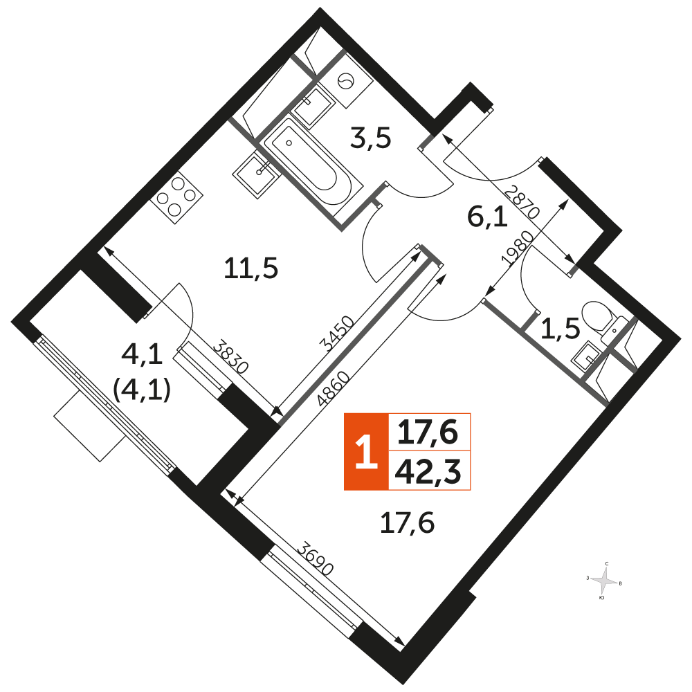 1 комн. квартира, 42.3 м², 10 этаж 