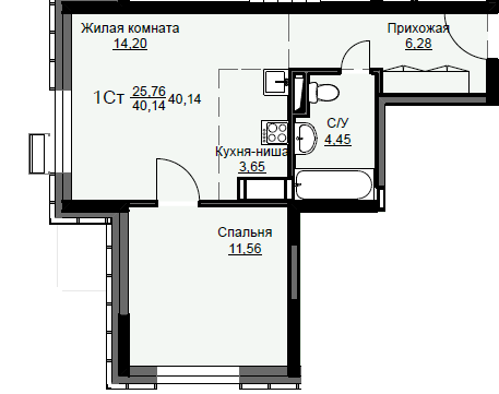 1 комн. квартира, 40.1 м², 1 этаж 