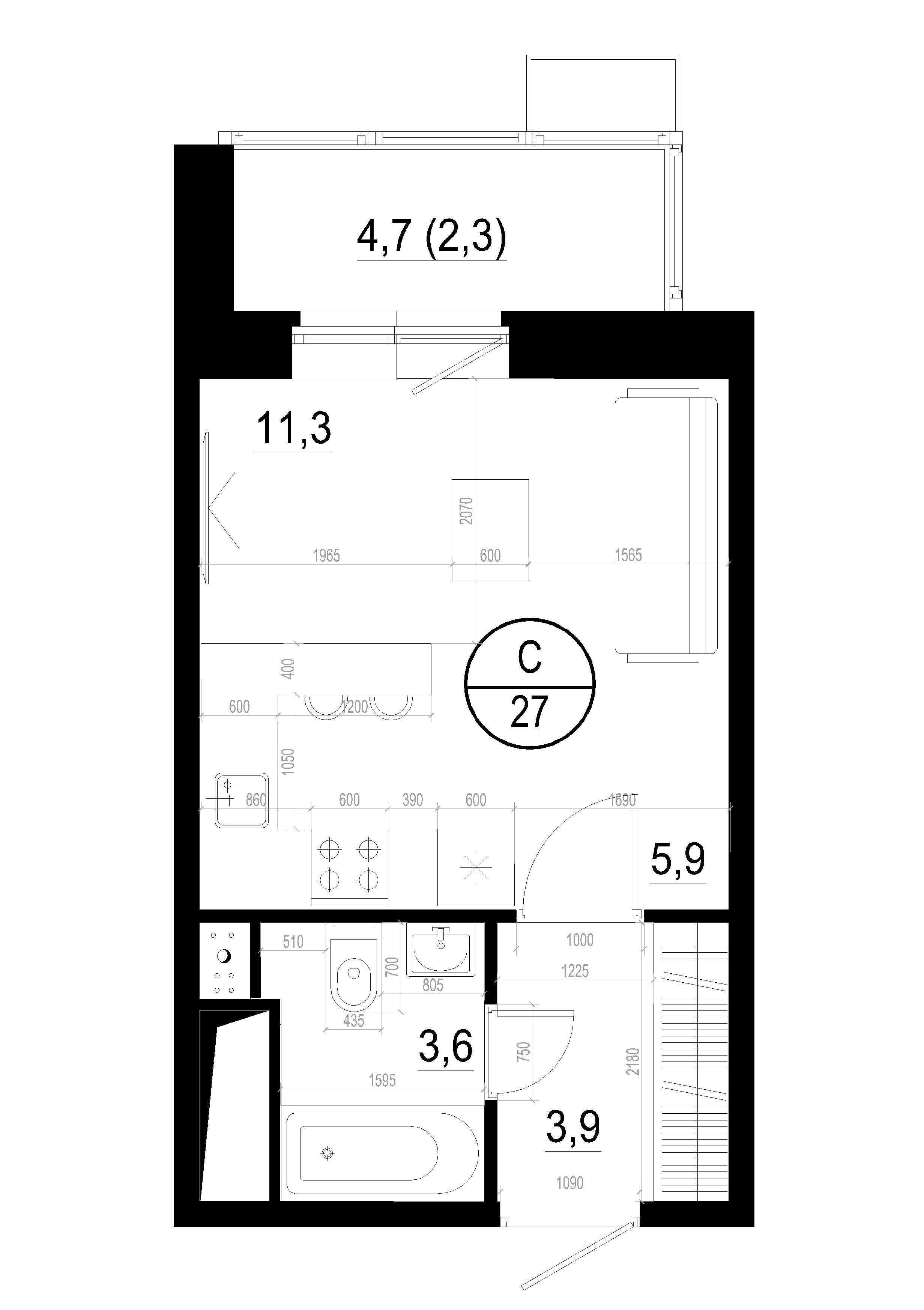 студия, 27.1 м², 13 этаж 