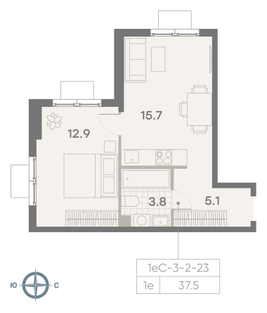 1 комн. квартира, 37.5 м², 8 этаж 