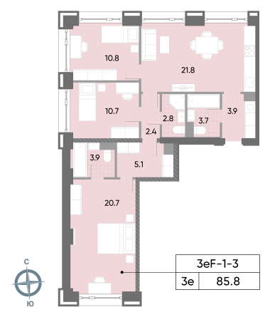 3 комн. квартира, 85.8 м², 3 этаж 