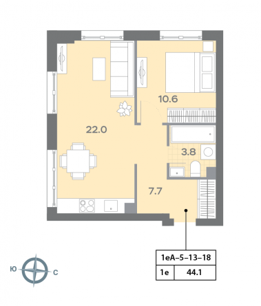 1 комн. квартира, 43.9 м², 13 этаж 