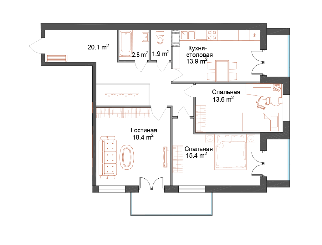 3 комн. квартира, 84.8 м², 11 этаж 