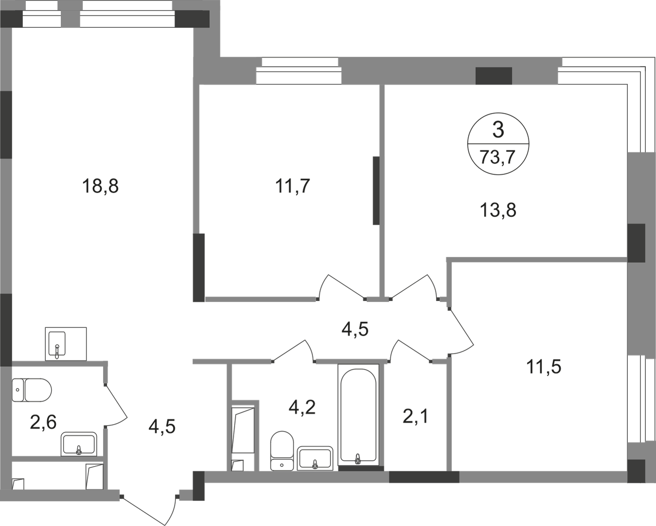 3 комн. квартира, 73.7 м², 19 этаж  (из 19)