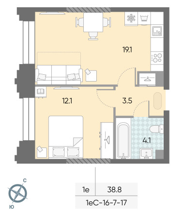 1 комн. квартира, 38.8 м², 7 этаж 