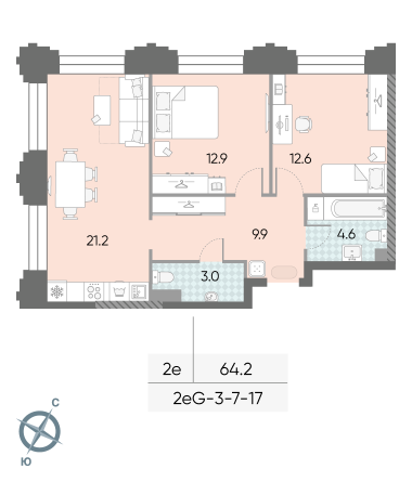 2 комн. квартира, 64.2 м², 7 этаж 