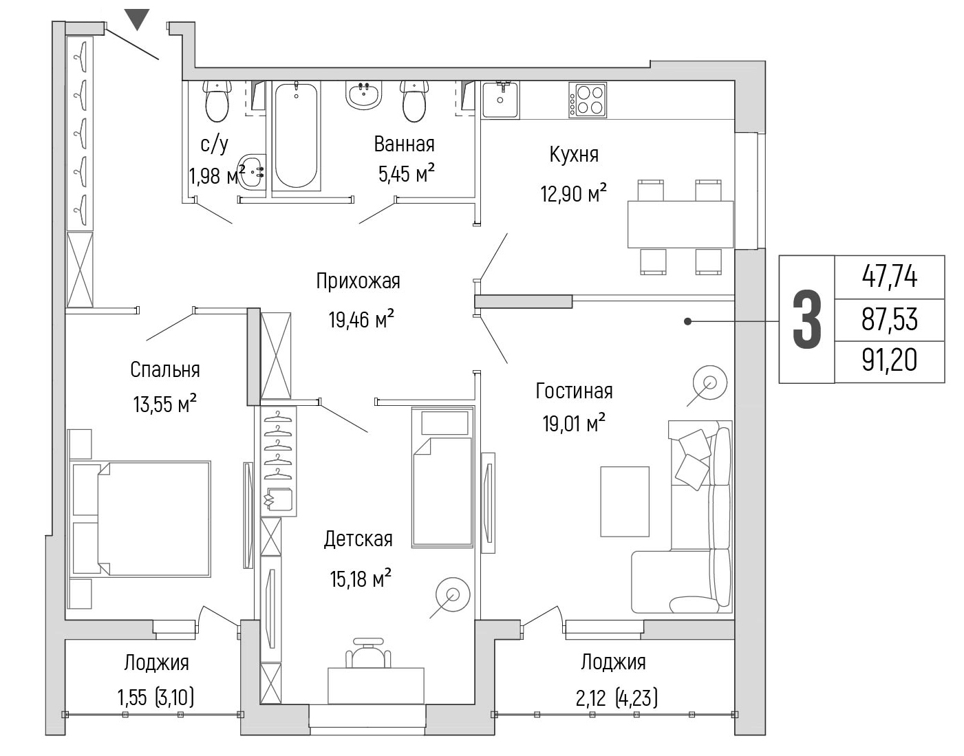 3 комн. квартира, 91.2 м², 1 этаж 