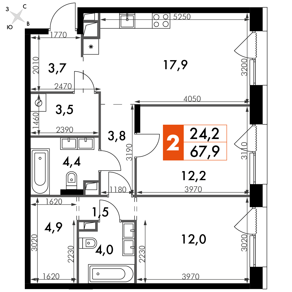 2 комн. квартира, 67.9 м², 4 этаж 