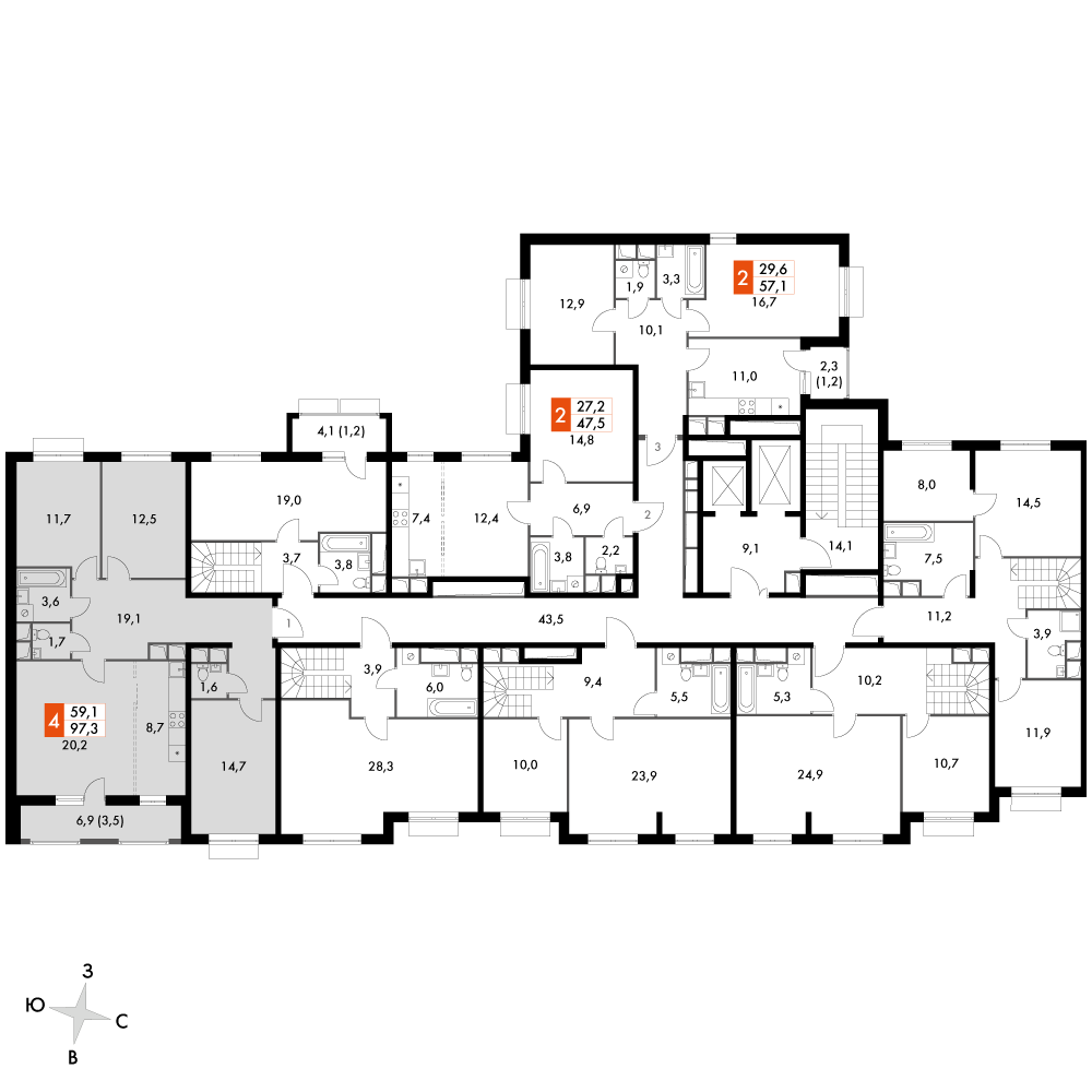 4 комн. квартира, 97.3 м², 16 этаж 