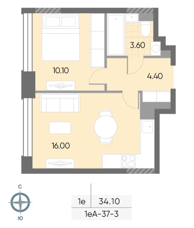1 комн. квартира, 34.1 м², 3 этаж 