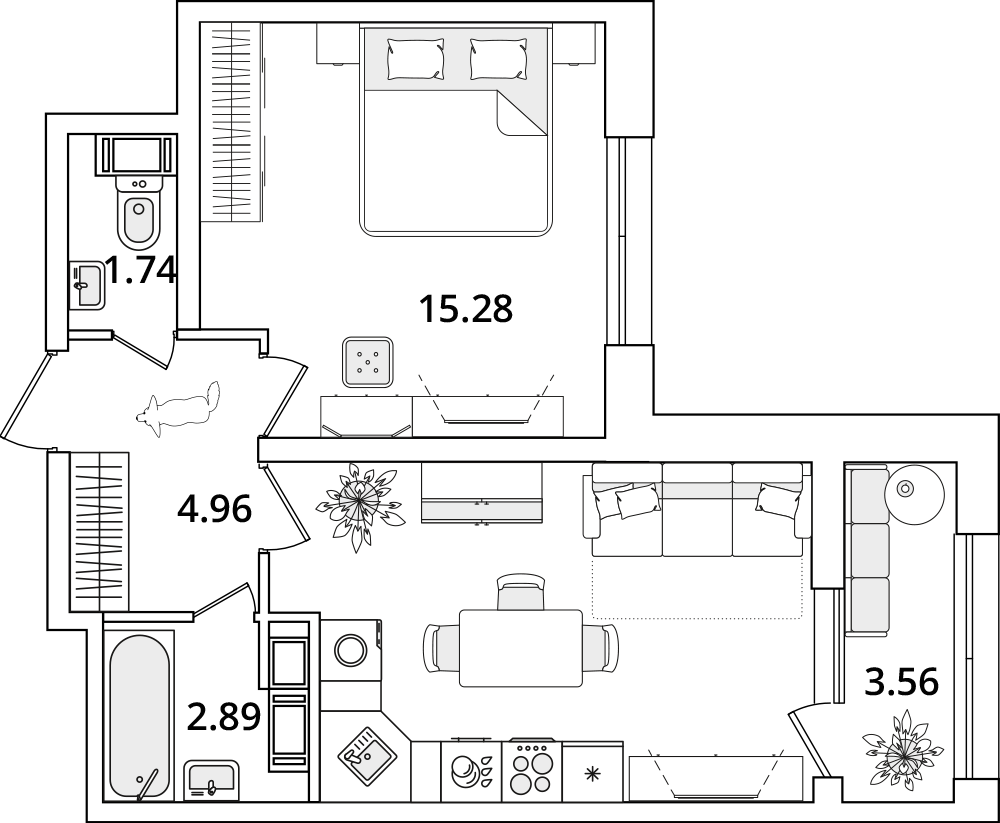1 комн. квартира, 43.2 м², 13 этаж 