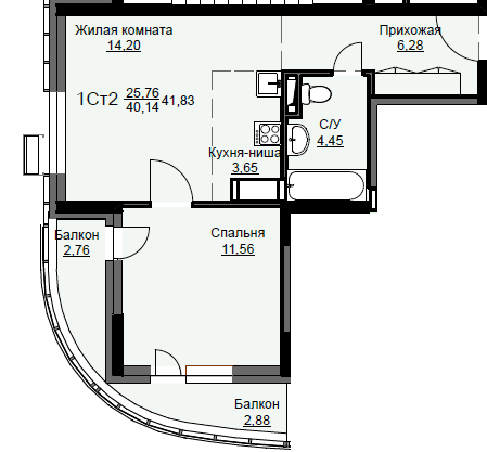 1 комн. квартира, 41.8 м², 15 этаж 
