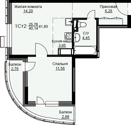 1 комн. квартира, 41.8 м², 16 этаж 