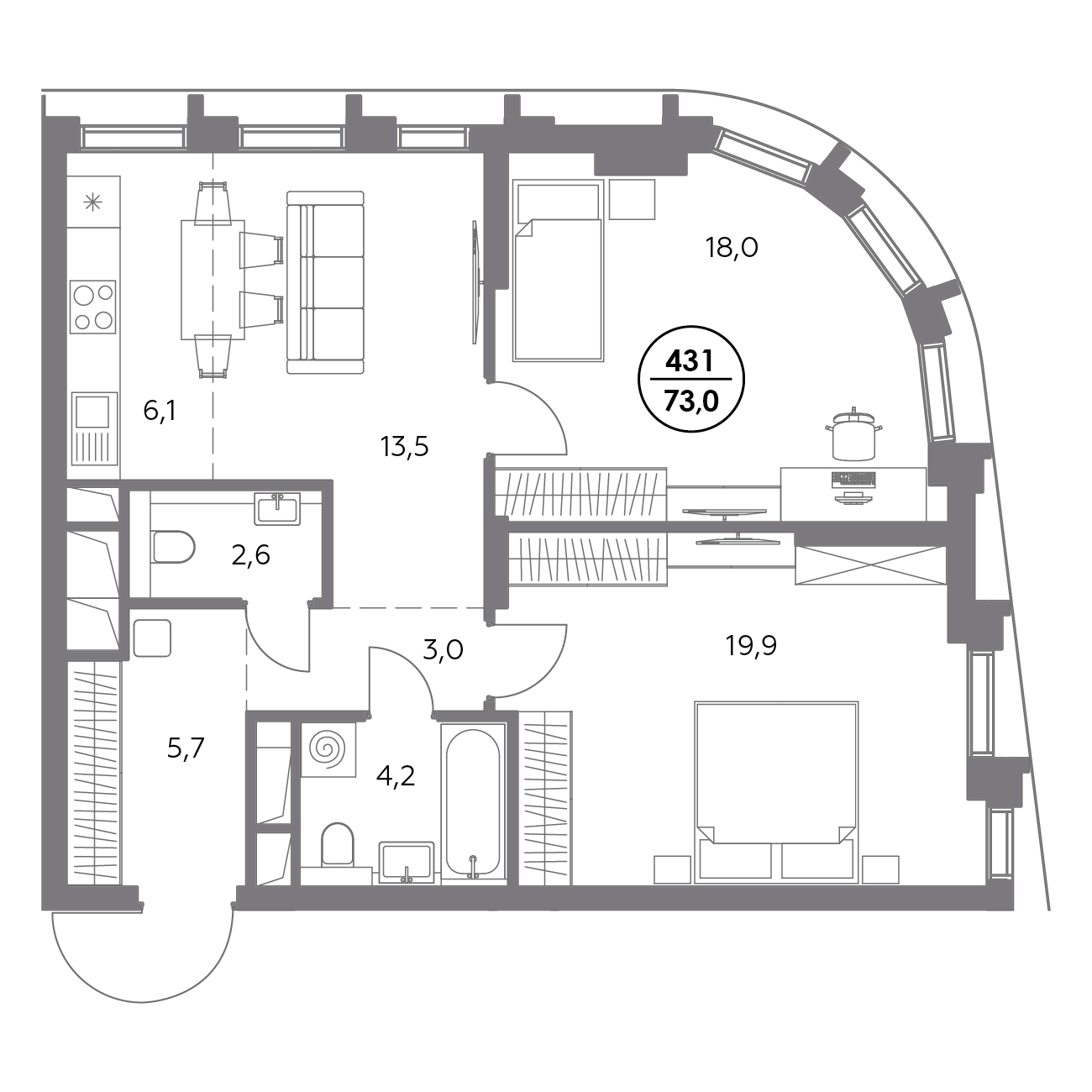 2 комн. квартира, 73 м², 10 этаж 