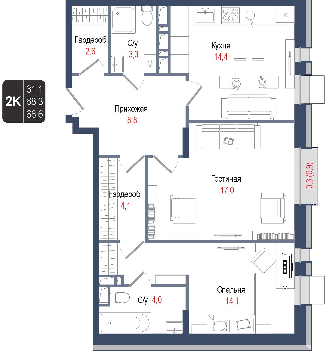2 комн. квартира, 68.3 м², 3 этаж 