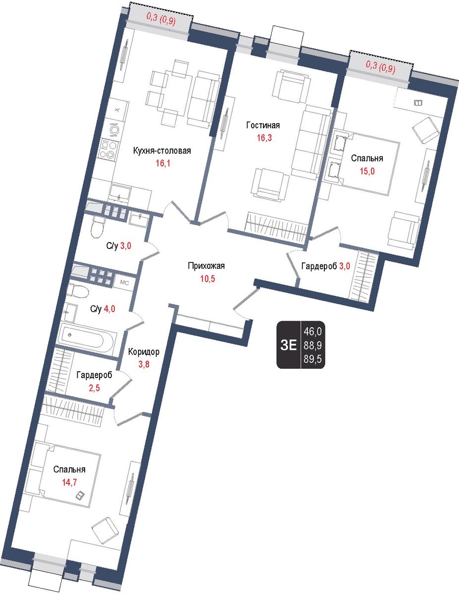 3 комн. квартира, 88.9 м², 2 этаж 