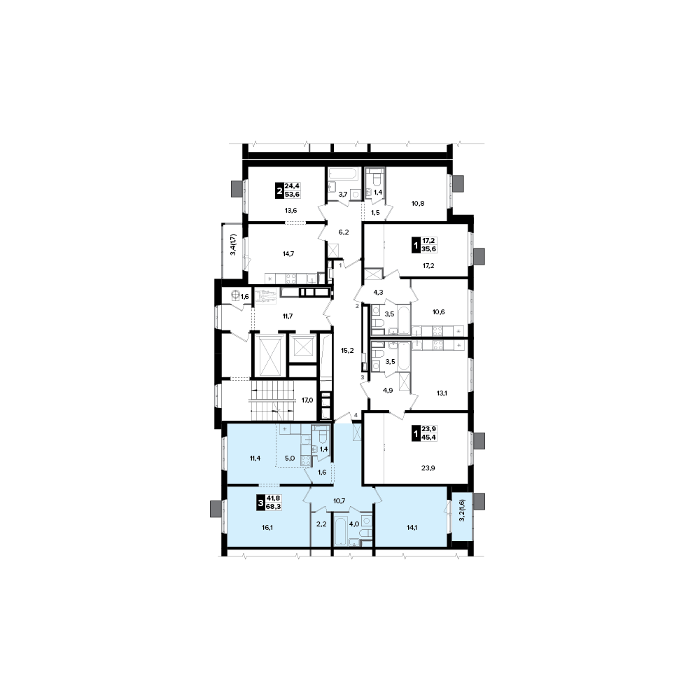 3 комн. квартира, 67.8 м², 22 этаж 
