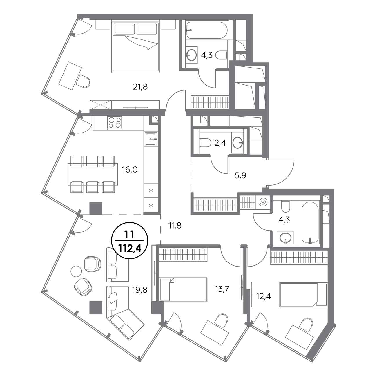 3 комн. квартира, 112.3 м², 4 этаж 