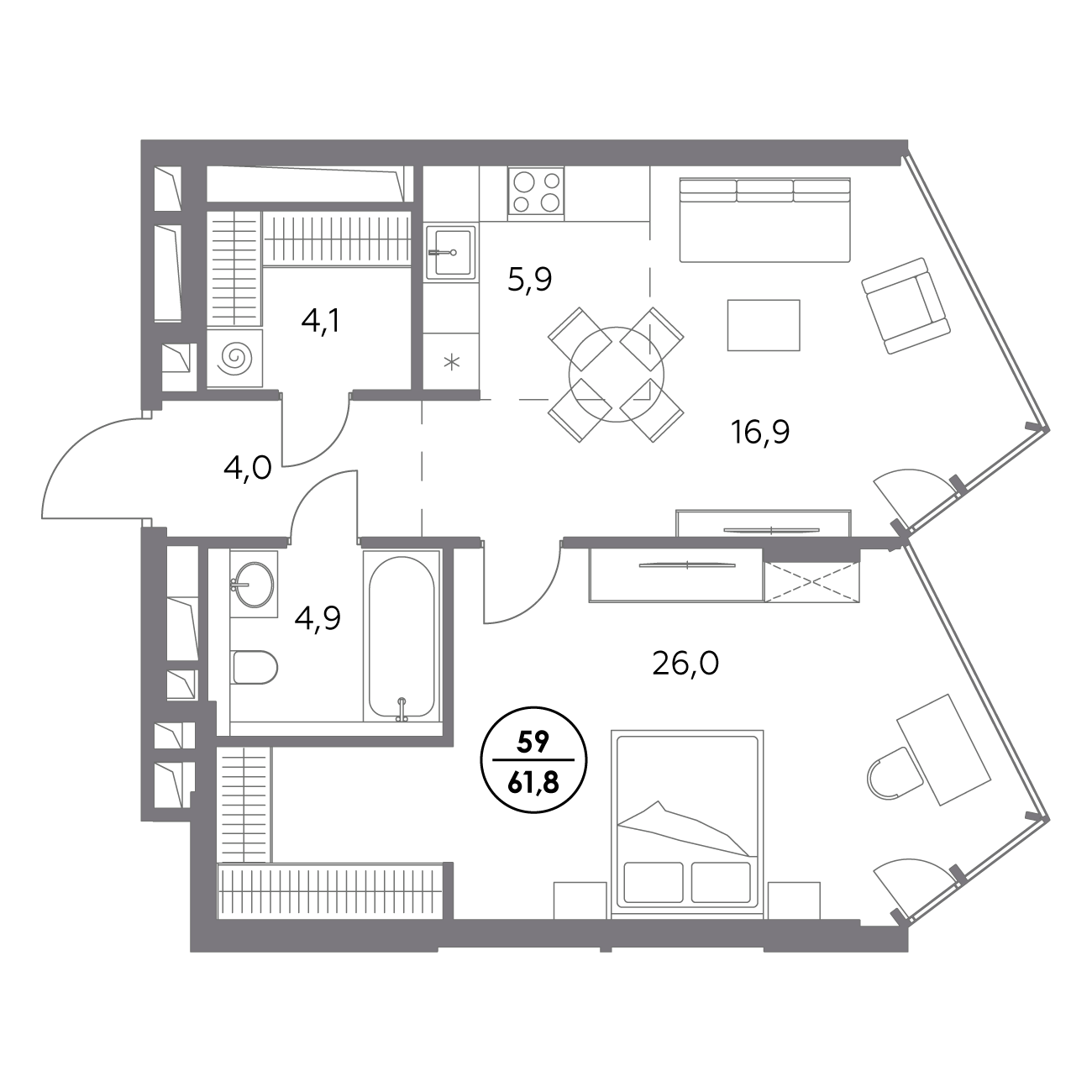 1 комн. квартира, 61.8 м², 13 этаж 