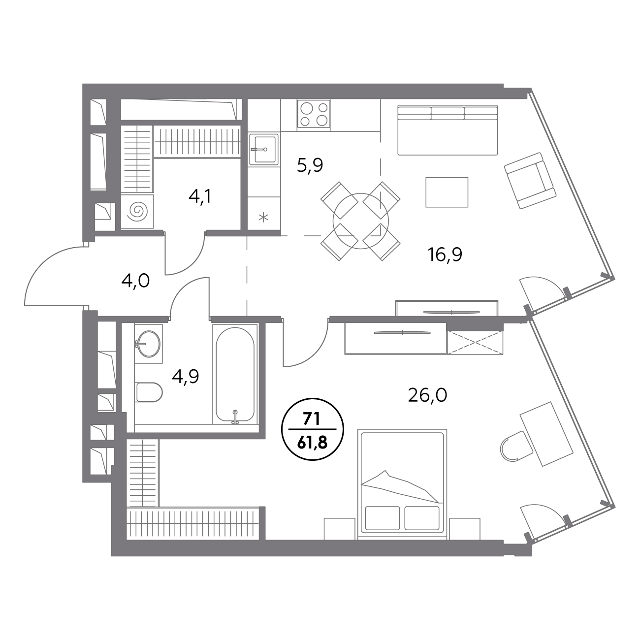 1 комн. квартира, 61.8 м², 15 этаж 