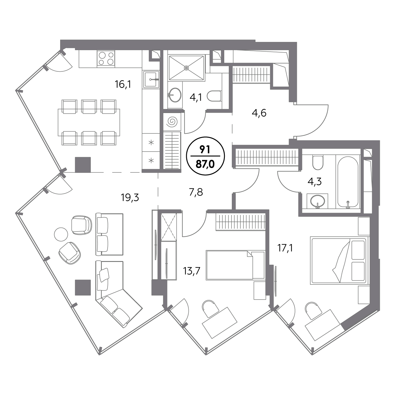 2 комн. квартира, 87 м², 18 этаж 