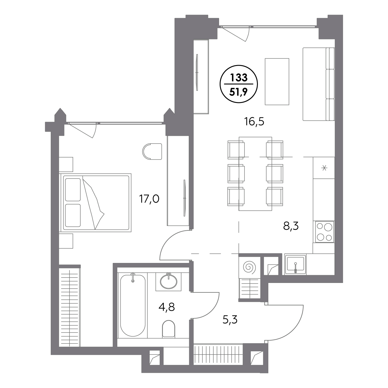 1 комн. квартира, 51.9 м², 2 этаж 