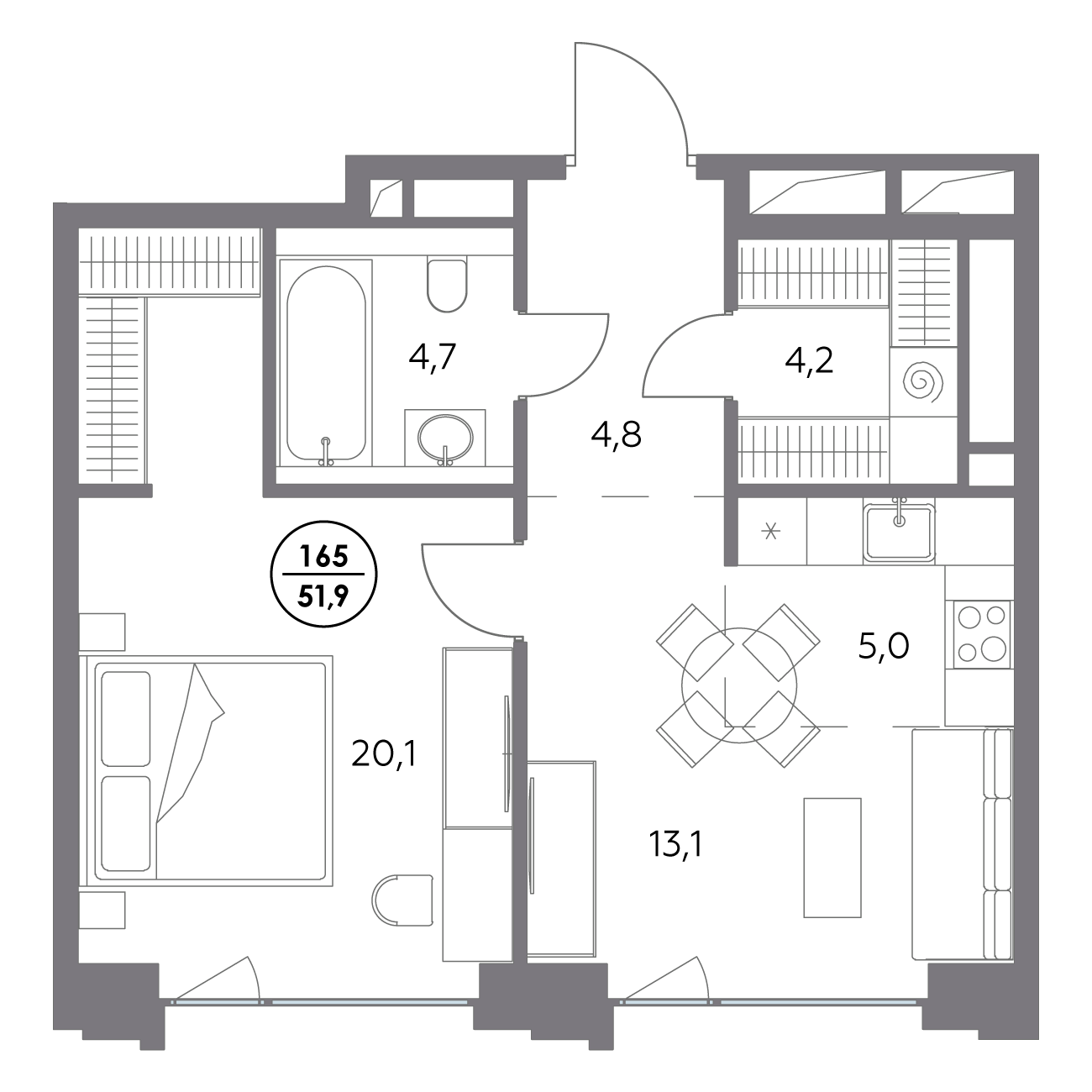 1 комн. квартира, 51.9 м², 5 этаж 