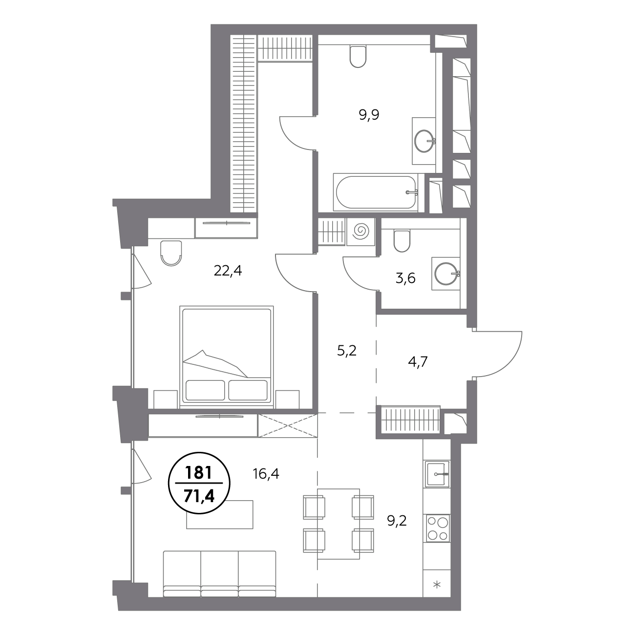 квартира со свободной планировкой, 71.4 м², 2 этаж 