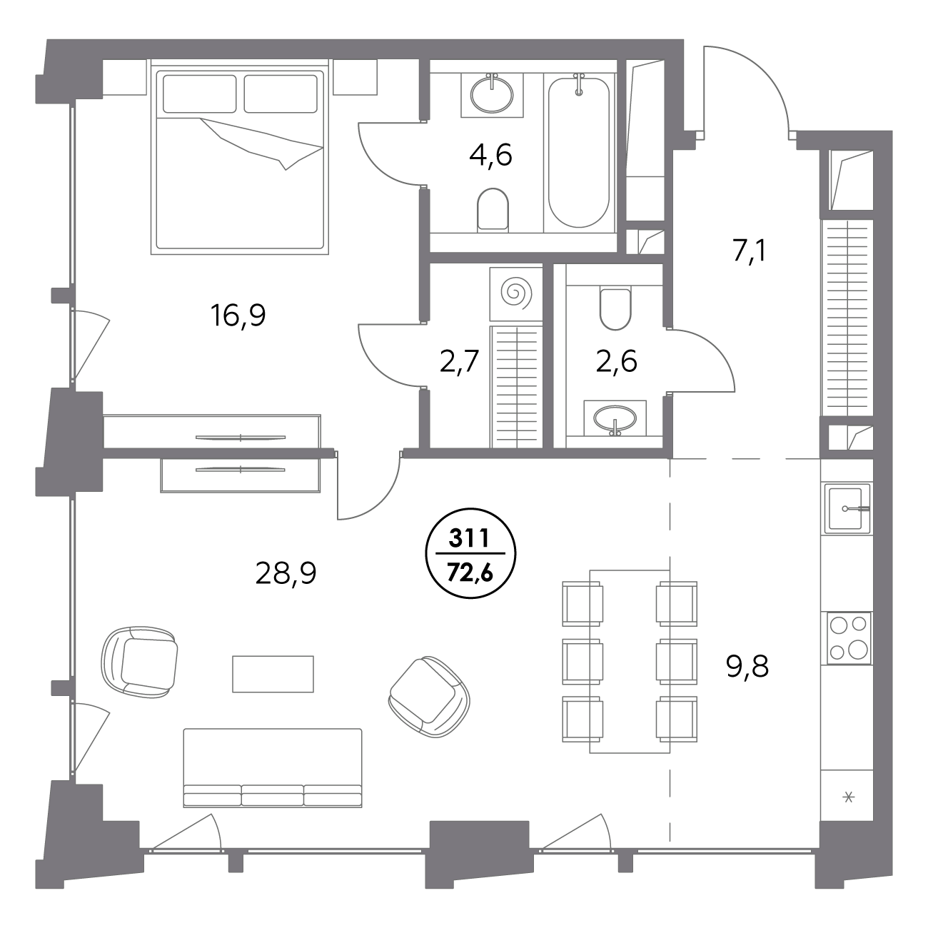 квартира со свободной планировкой, 72.6 м², 8 этаж 
