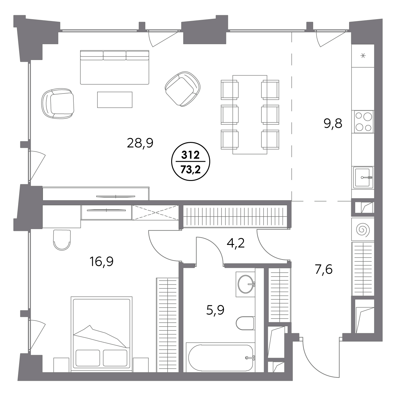 квартира со свободной планировкой, 73.2 м², 8 этаж 