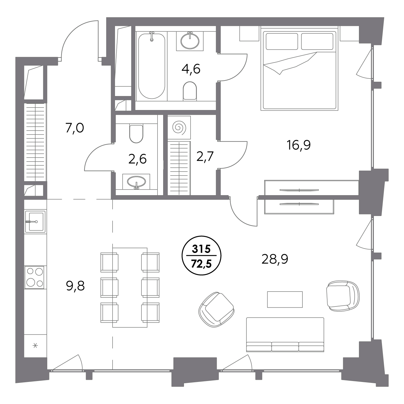 квартира со свободной планировкой, 72.5 м², 9 этаж 