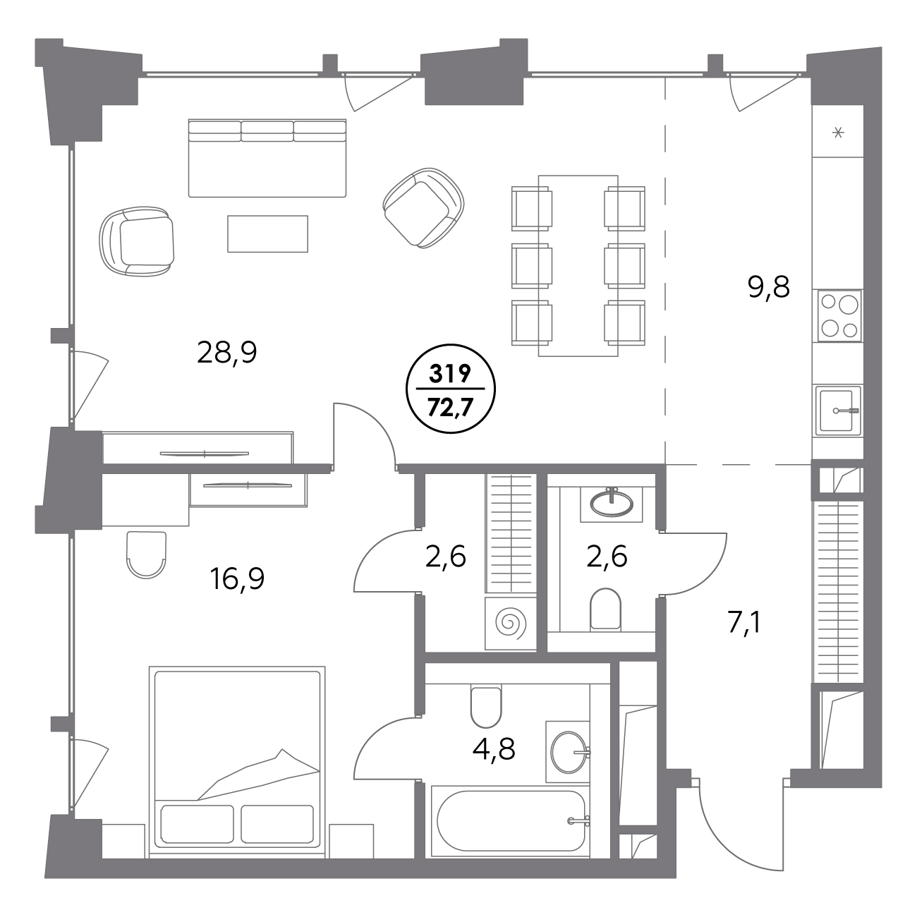 квартира со свободной планировкой, 72.7 м², 9 этаж 
