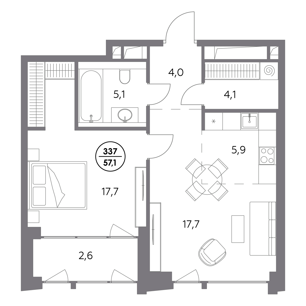 1 комн. квартира, 57.1 м², 12 этаж 