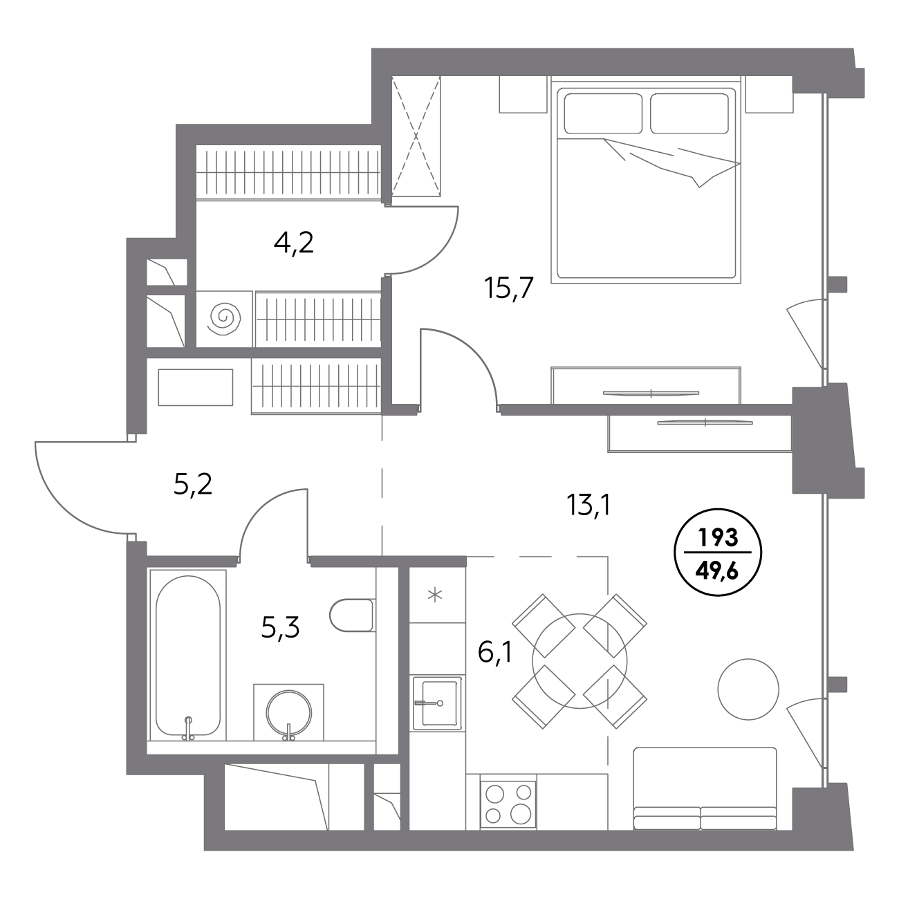 1 комн. квартира, 49.6 м², 5 этаж 
