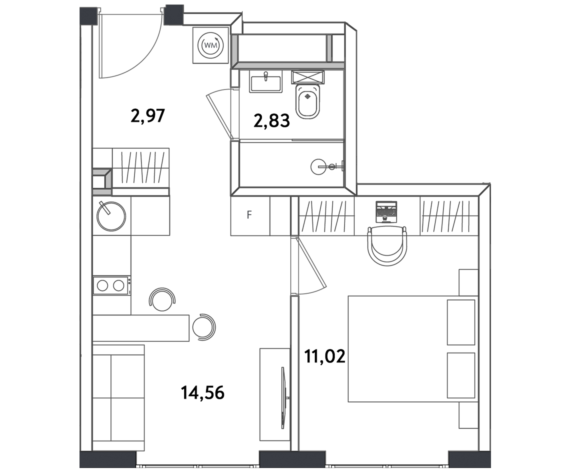1 комн. квартира, 32 м², 24 этаж 