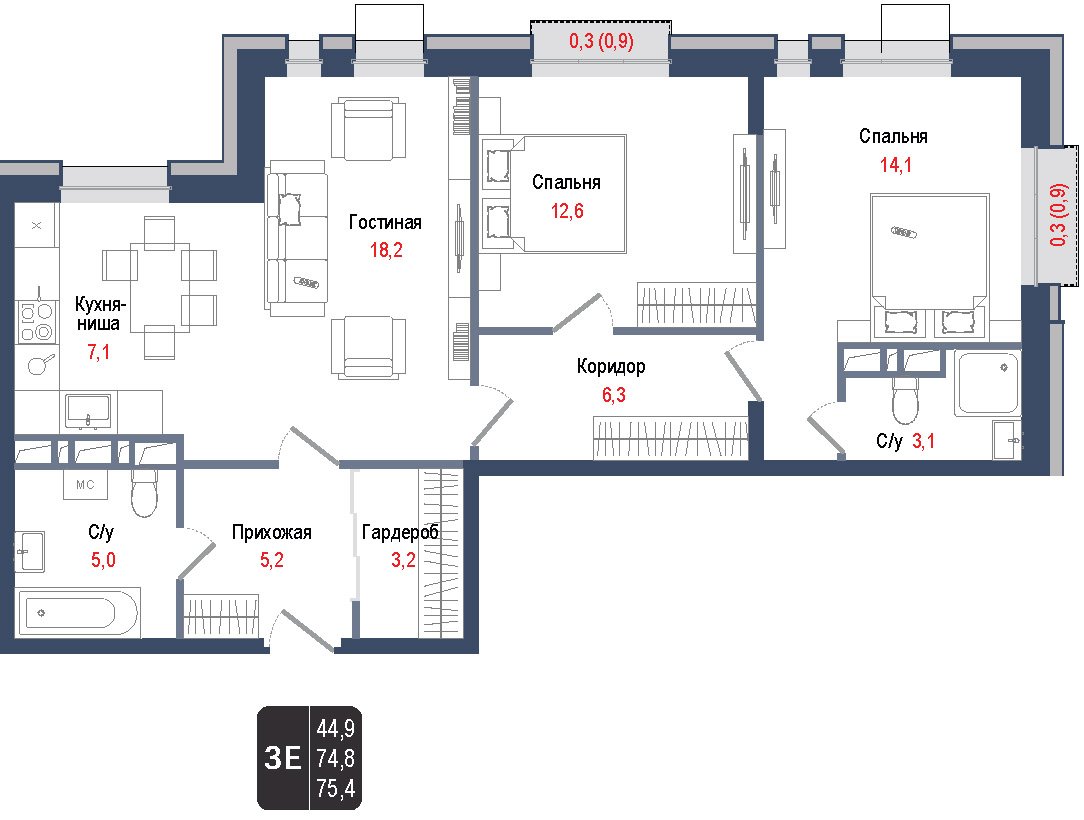 3 комн. квартира, 74.8 м², 3 этаж 