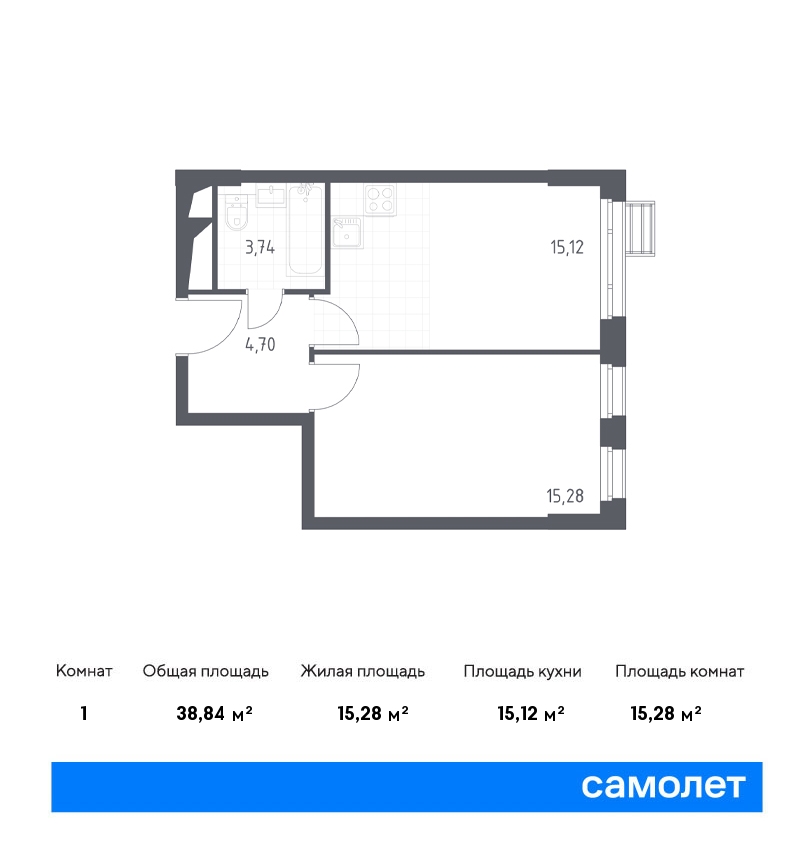 1 комн. квартира, 38.8 м², 31 этаж  (из 31)