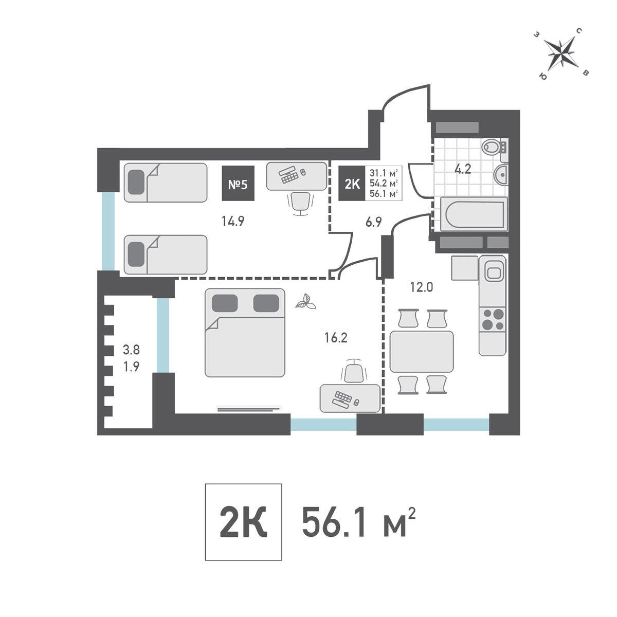 2 комн. квартира, 56.1 м², 4 этаж 