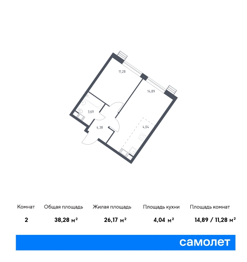 1 комн. квартира, 38.3 м², 24 этаж  (из 24)